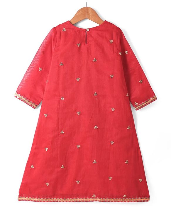 Pine Kids Woven Three Fourth Sleeves Floral Embroidered Kurta Gharara & Dupatta Set with Lace Detailing - Red