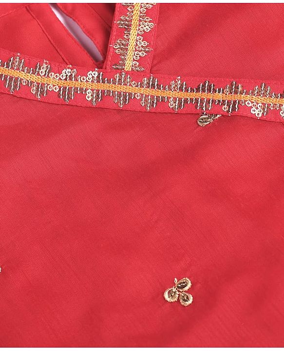 Pine Kids Woven Three Fourth Sleeves Floral Embroidered Kurta Gharara & Dupatta Set with Lace Detailing - Red