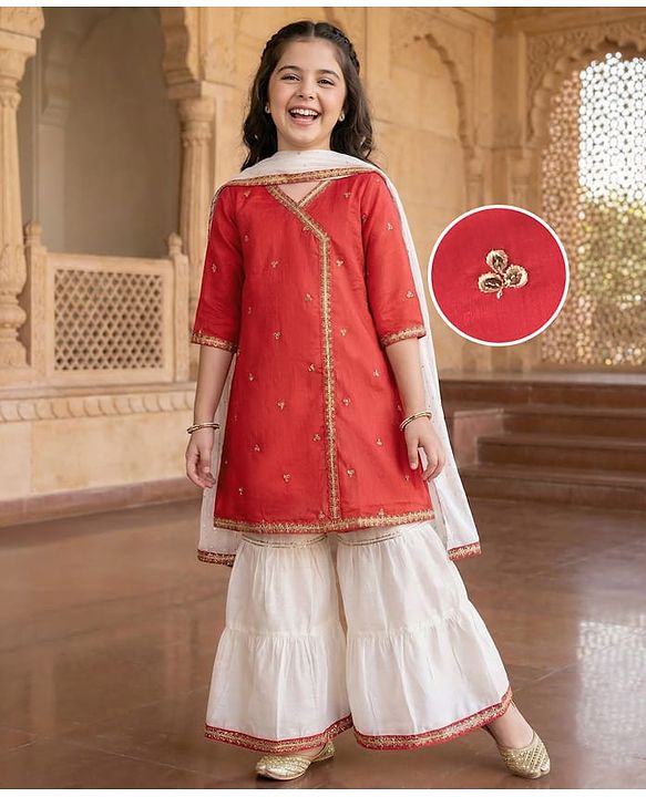 Pine Kids Woven Three Fourth Sleeves Floral Embroidered Kurta Gharara & Dupatta Set with Lace Detailing - Red