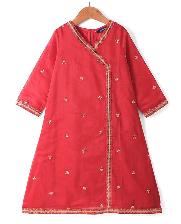 Pine Kids Woven Three Fourth Sleeves Floral Embroidered Kurta Gharara & Dupatta Set with Lace Detailing - Red