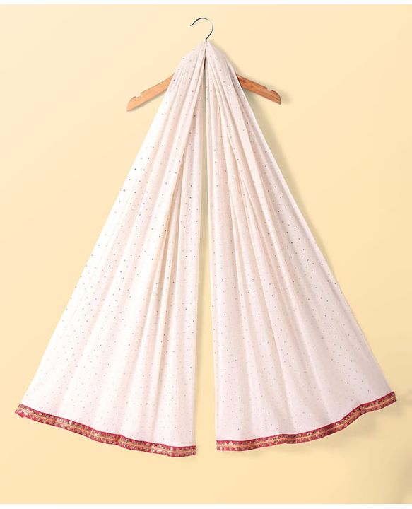 Pine Kids Woven Three Fourth Sleeves Floral Embroidered Kurta Gharara & Dupatta Set with Lace Detailing - Red