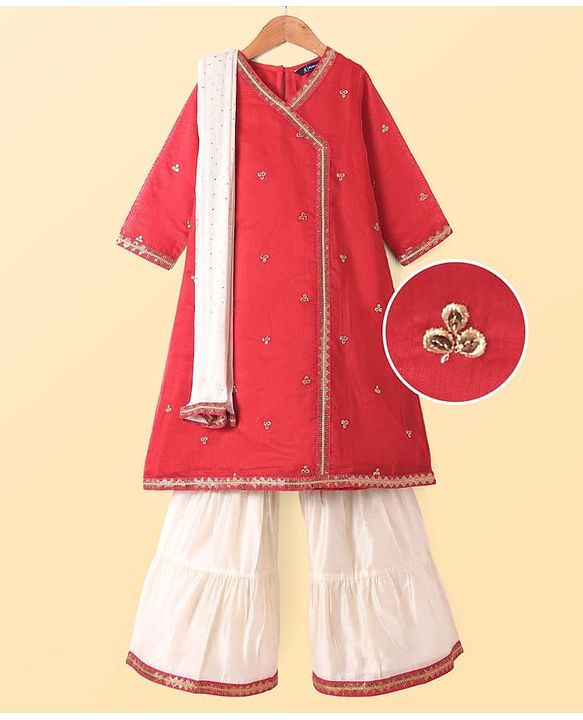 Pine Kids Woven Three Fourth Sleeves Floral Embroidered Kurta Gharara & Dupatta Set with Lace Detailing - Red