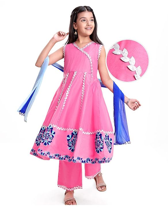 Pine Kids  Woven Sleeveless Kurti & Churidar with Dupatta Set Floral Embroidery - Dark Pink