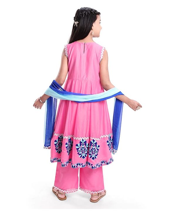 Pine Kids  Woven Sleeveless Kurti & Churidar with Dupatta Set Floral Embroidery - Dark Pink