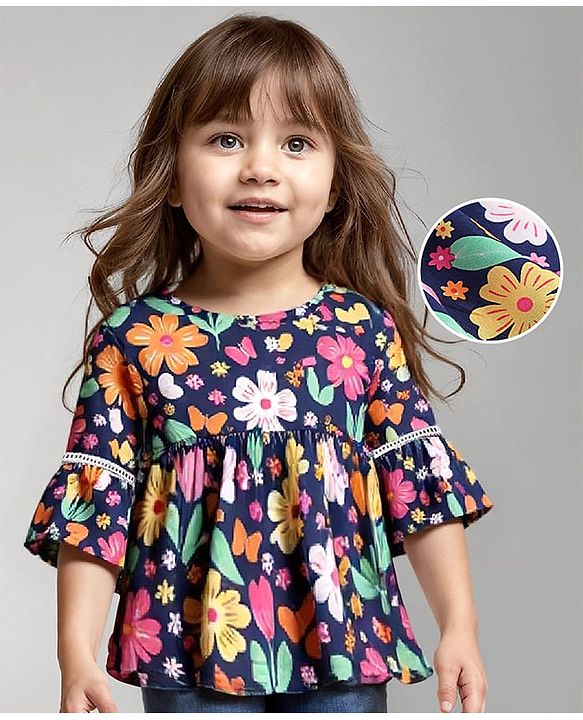 Babyhug Rayon Woven Full Flared Sleeves Top With Floral Print - Blue & Pink