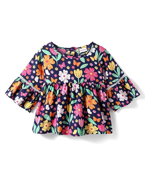 Babyhug Rayon Woven Full Flared Sleeves Top With Floral Print - Blue & Pink