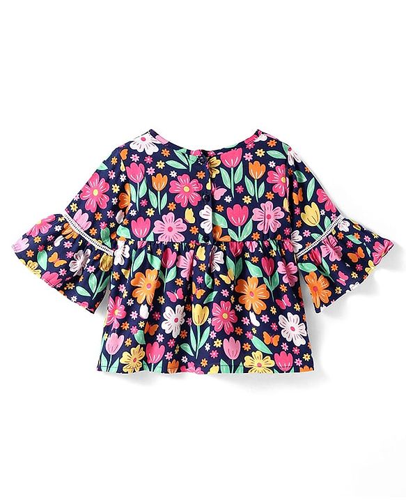 Babyhug Rayon Woven Full Flared Sleeves Top With Floral Print - Blue & Pink