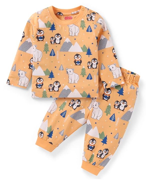 Babyhug Cotton Knit Full Sleeves Penguin & Polar Bear Printed Night Suit - Orange