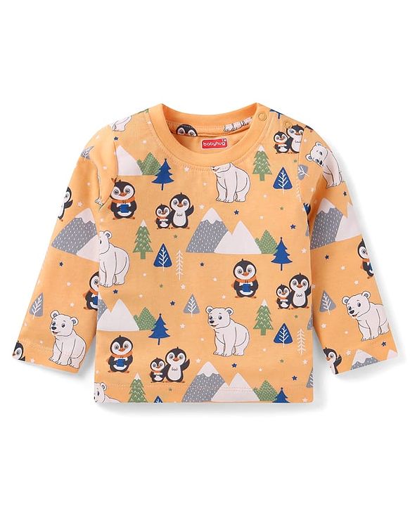 Babyhug Cotton Knit Full Sleeves Penguin & Polar Bear Printed Night Suit - Orange