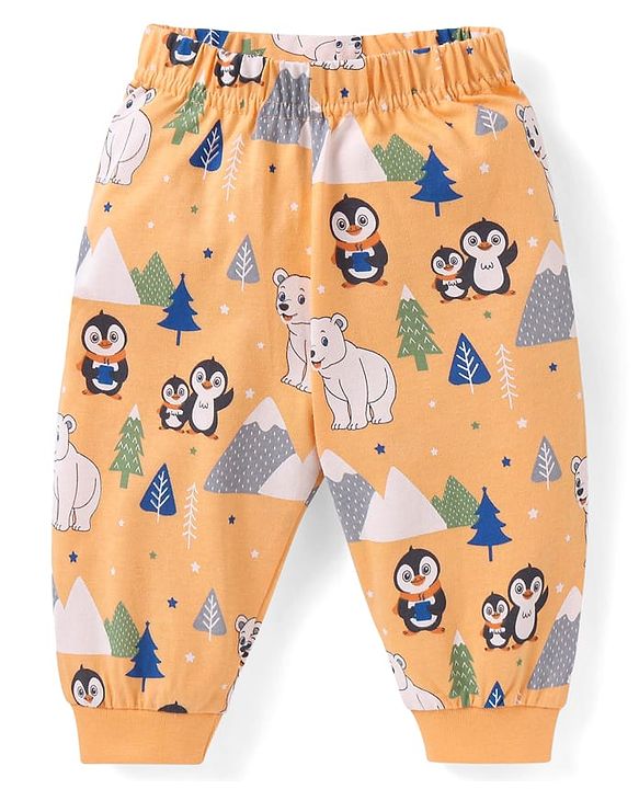 Babyhug Cotton Knit Full Sleeves Penguin & Polar Bear Printed Night Suit - Orange