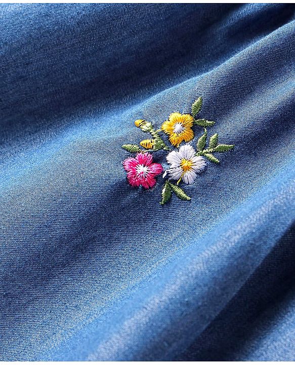 Babyhug Denim Bell Sleeves Cropped Top with Floral Embroidery - Navy Blue
