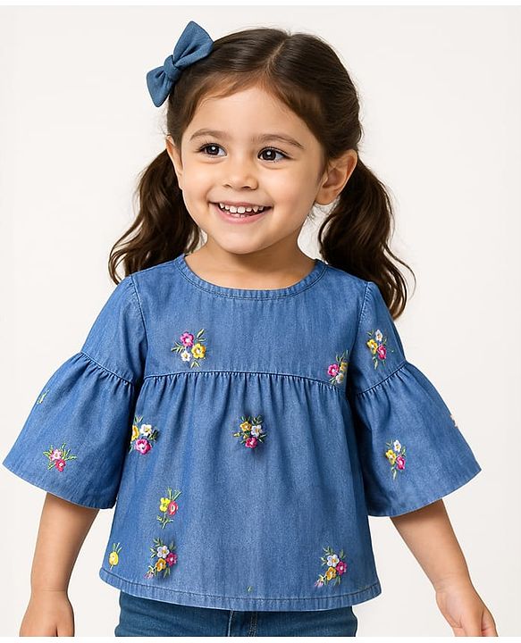 Babyhug Denim Bell Sleeves Cropped Top with Floral Embroidery - Navy Blue