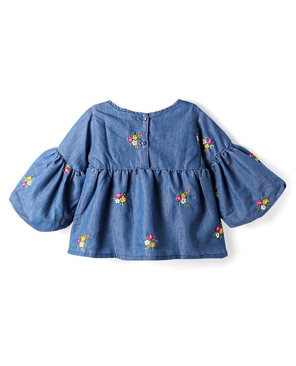 Babyhug Denim Bell Sleeves Cropped Top with Floral Embroidery - Navy Blue