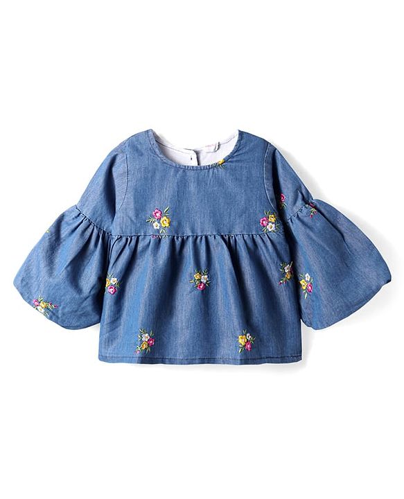 Babyhug Denim Bell Sleeves Cropped Top with Floral Embroidery - Navy Blue
