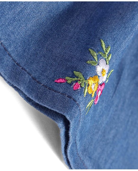 Babyhug Denim Bell Sleeves Cropped Top with Floral Embroidery - Navy Blue