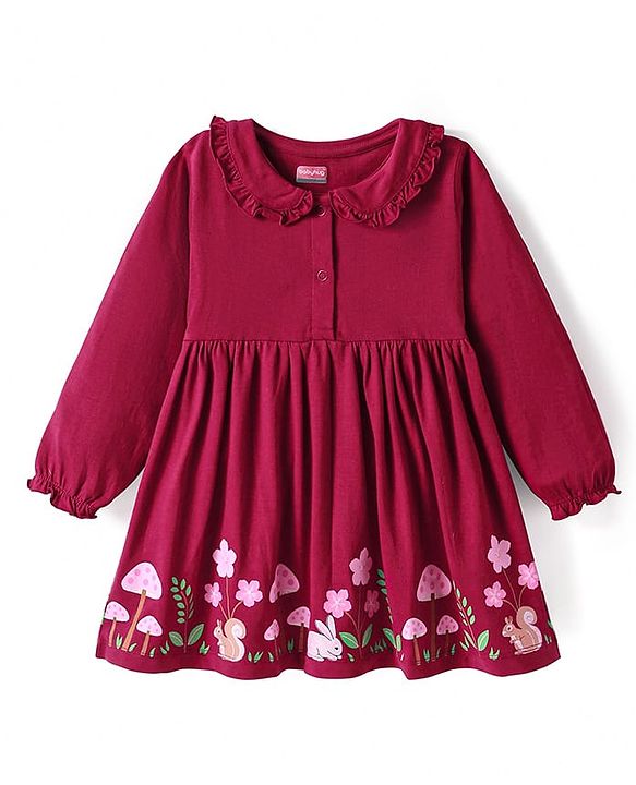 Babyhug Single Jersey Knit Full Sleeves Frock With Floral Print & Peter Pan Collar - Maroon