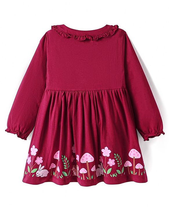 Babyhug Single Jersey Knit Full Sleeves Frock With Floral Print & Peter Pan Collar - Maroon