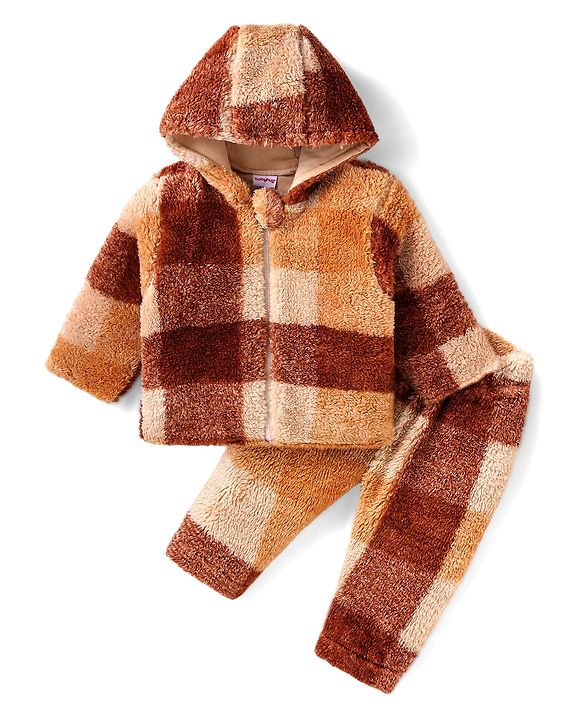 Babyhug Woven Full Sleeves Checkered Fur Hooded Winter Wear Suit - Brown