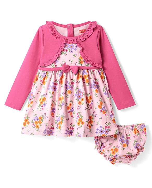 Babyhug Single Jersey Knit Full Sleeves Frock With Attached Shrug Floral Print & Bloomer - Pink