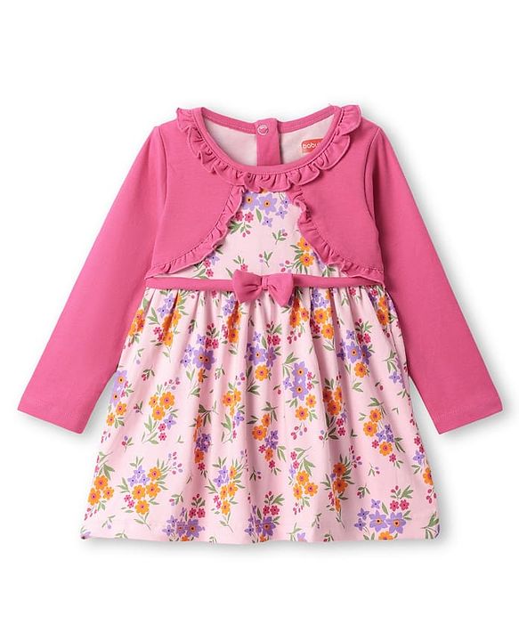Babyhug Single Jersey Knit Full Sleeves Frock With Attached Shrug Floral Print & Bloomer - Pink