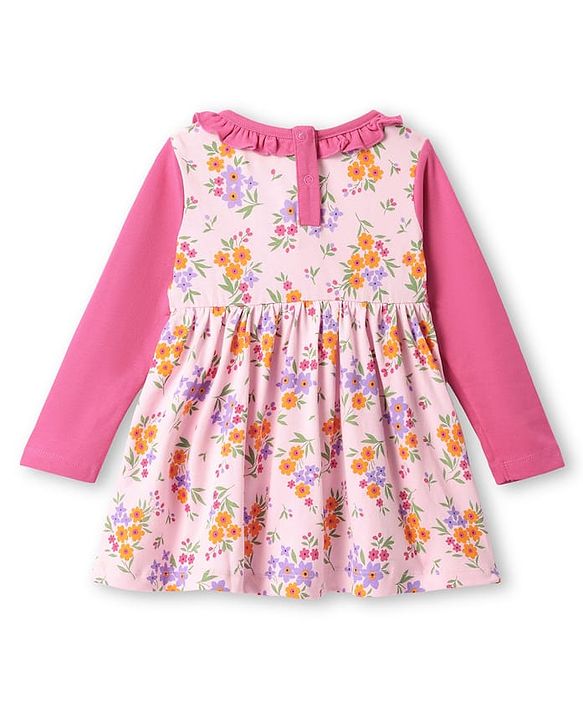 Babyhug Single Jersey Knit Full Sleeves Frock With Attached Shrug Floral Print & Bloomer - Pink