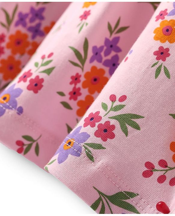 Babyhug Single Jersey Knit Full Sleeves Frock With Attached Shrug Floral Print & Bloomer - Pink