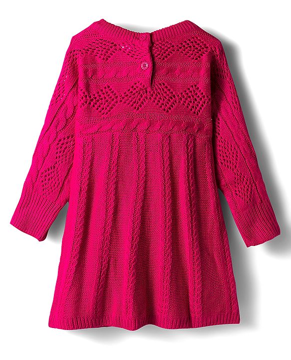 Babyhug Knit Full Sleeves Woollen Dress with Cable Knit Design - Fuchsia