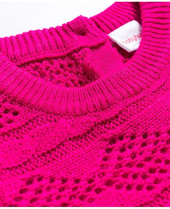 Babyhug Knit Full Sleeves Woollen Dress with Cable Knit Design - Fuchsia