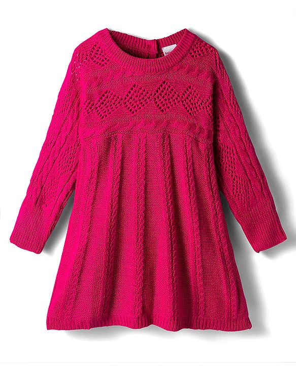 Babyhug Knit Full Sleeves Woollen Dress with Cable Knit Design - Fuchsia