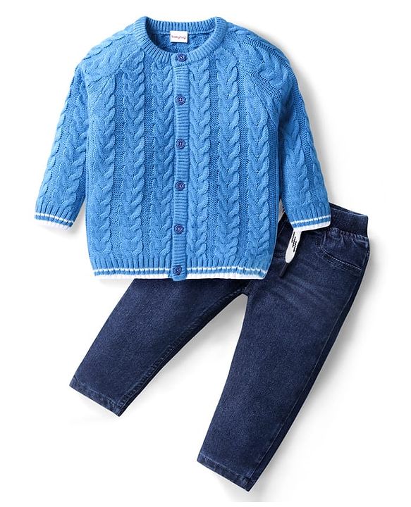 Babyhug Knitted Full Sleeves Smartfit Solid Cable Knit Design Front Open Sweater Set With Denim Pant - Blue