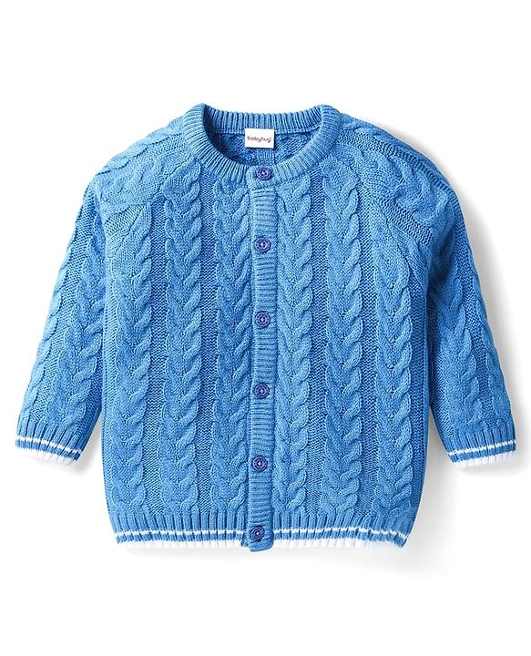 Babyhug Knitted Full Sleeves Smartfit Solid Cable Knit Design Front Open Sweater Set With Denim Pant - Blue