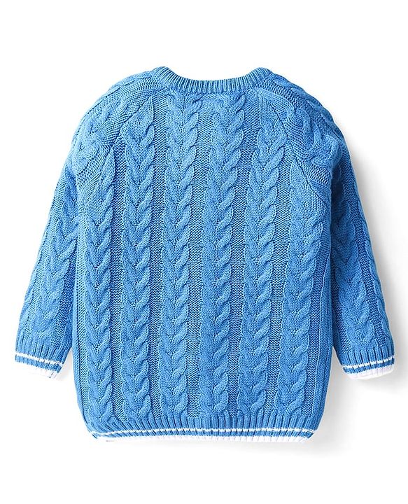 Babyhug Knitted Full Sleeves Smartfit Solid Cable Knit Design Front Open Sweater Set With Denim Pant - Blue