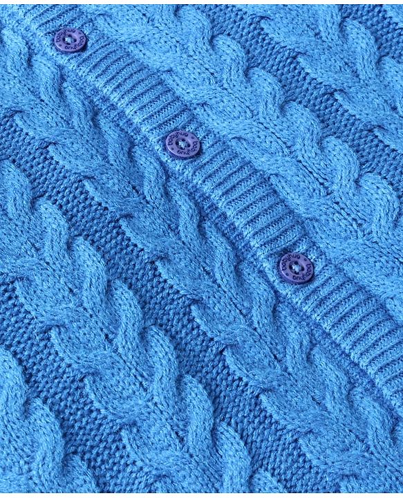 Babyhug Knitted Full Sleeves Smartfit Solid Cable Knit Design Front Open Sweater Set With Denim Pant - Blue