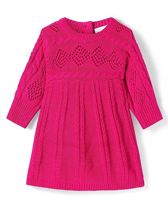 Babyhug Knitted Full Sleeves Solid Colour Woollen Dress With Cable Knit Design - Dark Pink