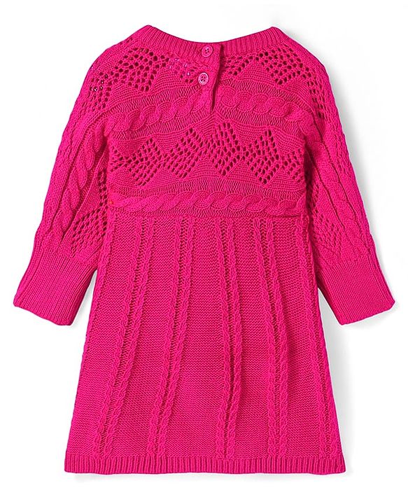 Babyhug Knitted Full Sleeves Solid Colour Woollen Dress With Cable Knit Design - Dark Pink