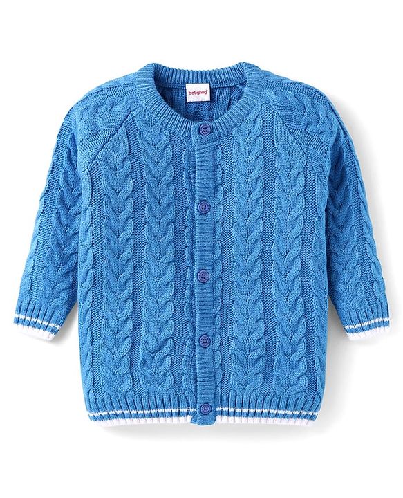 Babyhug Knitted Full Sleeves Front Open Sweater With Cable Knit Design - Blue