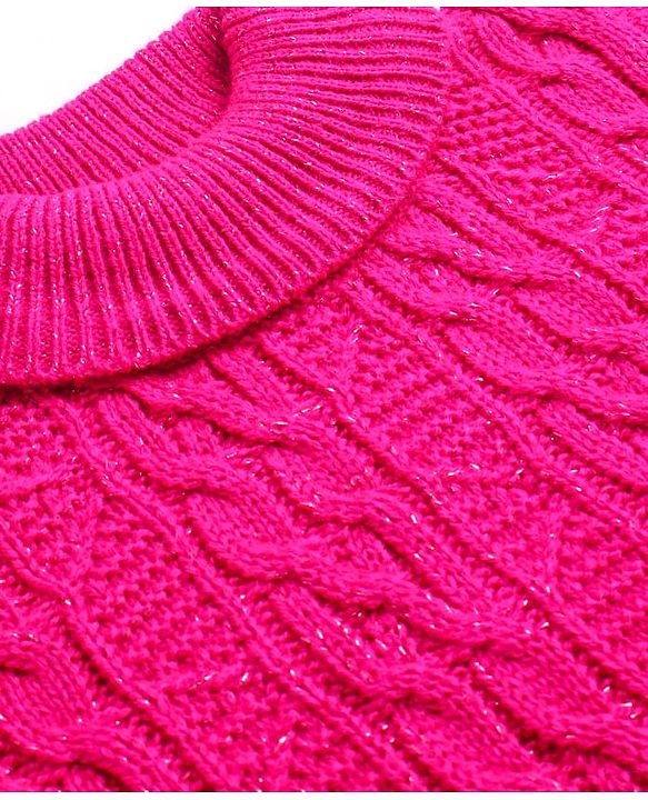Babyhug Knitted Full Sleeves Turtle Neck Pullover Sweater with Cable Knit Design & Frill Detailing - Dark Pink