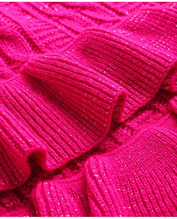 Babyhug Knitted Full Sleeves Turtle Neck Pullover Sweater with Cable Knit Design & Frill Detailing - Dark Pink