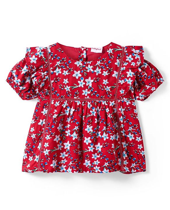 Babyhug Rayon Woven Half Puffed  Sleeves Top with Floral Print - Red