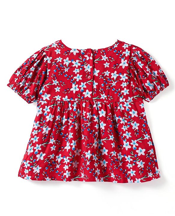 Babyhug Rayon Woven Half Puffed  Sleeves Top with Floral Print - Red
