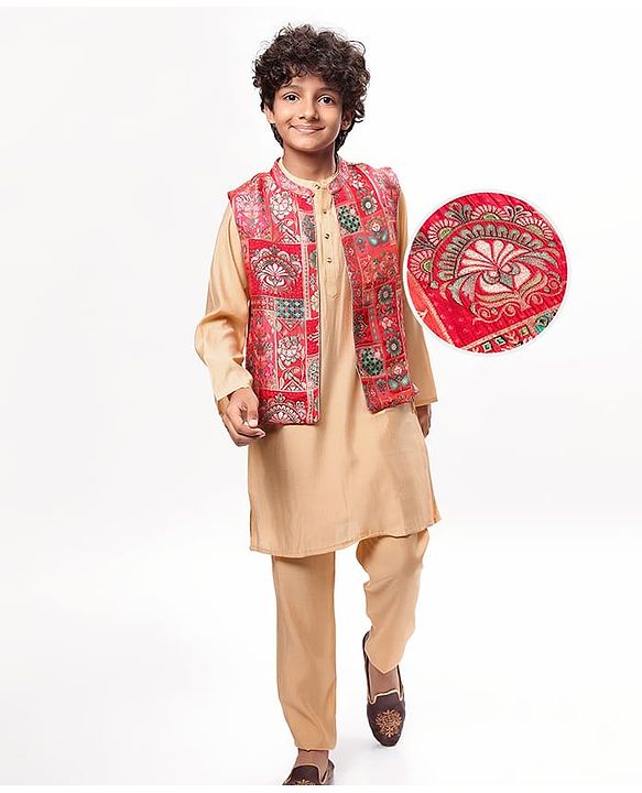 Pine Kids Woven  Full Sleeves Kurta Pyjama Set with Floral Foil Printed  Jacket - Red