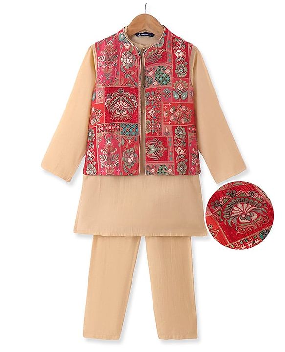 Pine Kids Woven  Full Sleeves Kurta Pyjama Set with Floral Foil Printed  Jacket - Red