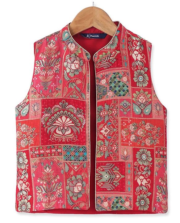 Pine Kids Woven  Full Sleeves Kurta Pyjama Set with Floral Foil Printed  Jacket - Red