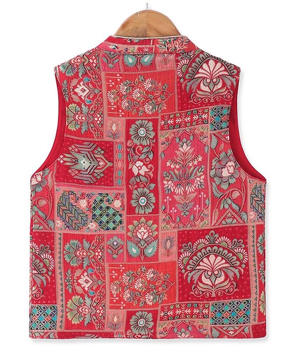 Pine Kids Woven  Full Sleeves Kurta Pyjama Set with Floral Foil Printed  Jacket - Red
