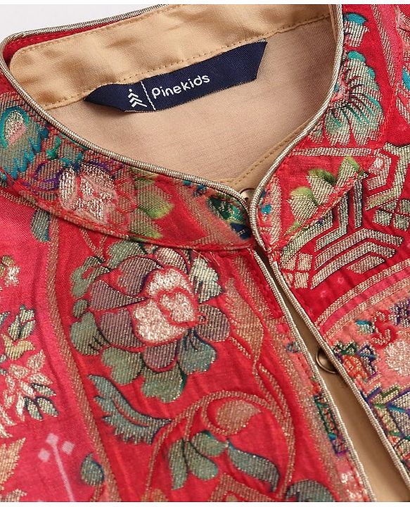 Pine Kids Woven  Full Sleeves Kurta Pyjama Set with Floral Foil Printed  Jacket - Red