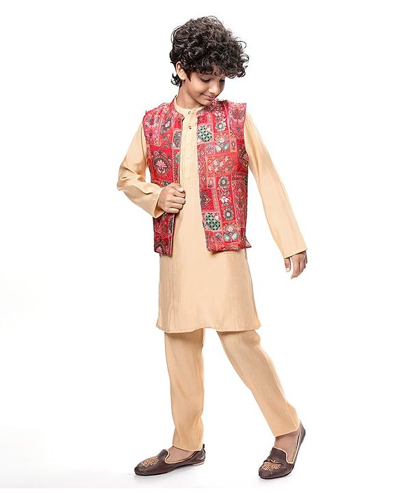 Pine Kids Woven  Full Sleeves Kurta Pyjama Set with Floral Foil Printed  Jacket - Red