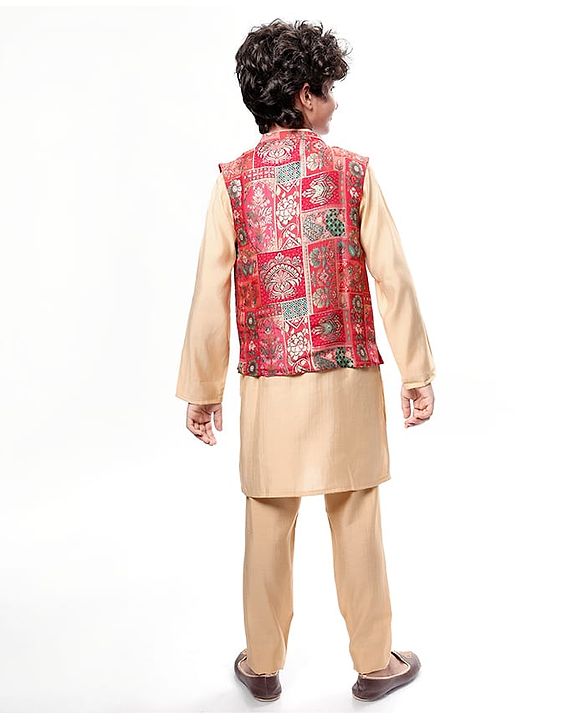 Pine Kids Woven  Full Sleeves Kurta Pyjama Set with Floral Foil Printed  Jacket - Red