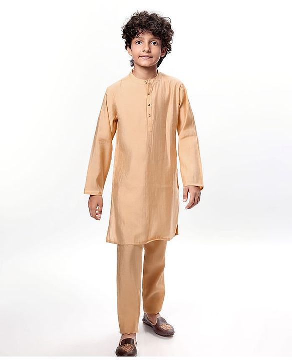 Pine Kids Woven  Full Sleeves Kurta Pyjama Set with Floral Foil Printed  Jacket - Red