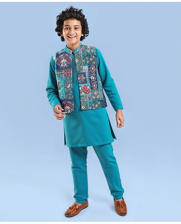 Pine Kids Woven Full Sleeves Solid Kurta Pyjama Set with Floral Embroidered Jacket - Teal Blue