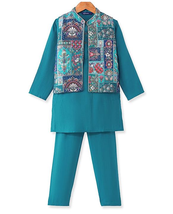 Pine Kids Woven Full Sleeves Solid Kurta Pyjama Set with Floral Embroidered Jacket - Teal Blue